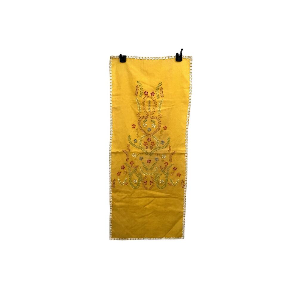 Vintage Yellow Table Runner Embroidered Dresser Scarf Floral Needlework 42x16in